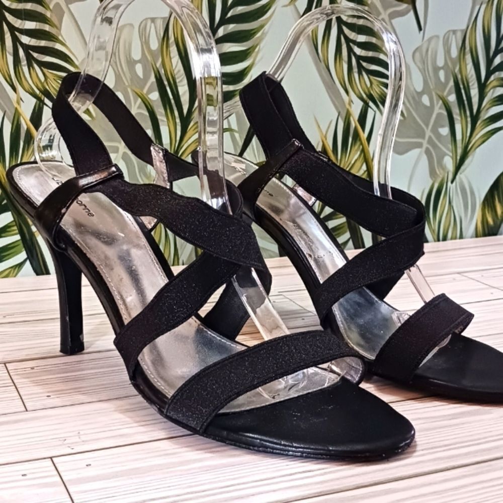 LIZ Claiborne Black Stretchy Strap Cage Heels, Size 10